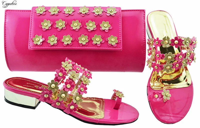 

Charming party sets lower heel shoes and evening handbag sets with appliques JZC006 in fuchsia. heel height 3cm