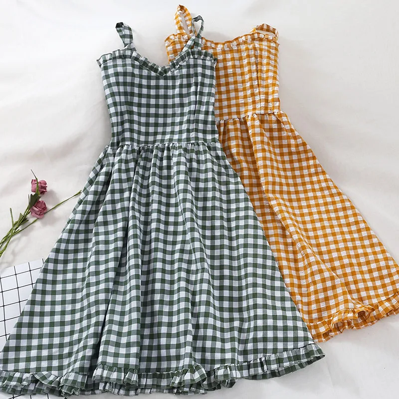 Женское клетчатое платье на бретельках Элегантное летнее в Корейском стиле