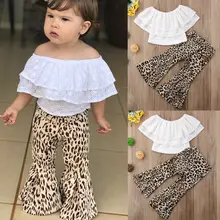Комплект одежды из 2 предметов для девочек, кружевной топ для маленьких девочек, футболка с оборками леопардовые широкие брюки-клеш колокол милый комплект одежды для девочек
