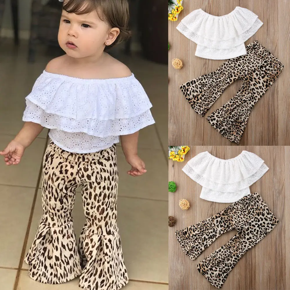 Toddler Baby Kids Girl Ruffle Top T-Shirt Leopard Flare Pant Outfits Set Clothes