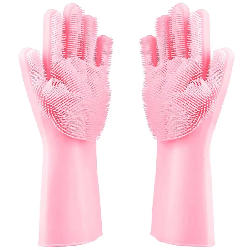 Волшебные перчатки с губкой для очистки с мягкой щетиной, многоразовые силиконовые щетки термостойкие скруббер перчатки для кухни ванной комнаты - Цвет: pink