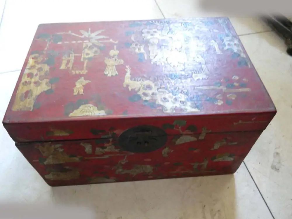 

16" China old handwork lacquerware wood fine rompingly picture box statue