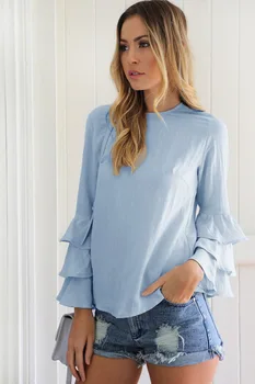 

Casual Chiffon Blouses S-5XL Plus Size Solid Full Petal Sleeve Women Shirts Ruffles Fashion Clothing camisa feminina F054