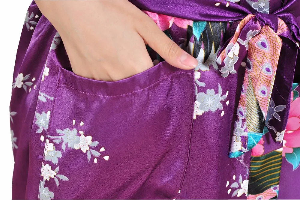 Фиолетовые Свадебные невесты халат Китайский Для женщин Silk район ночная рубашка с цветочным принтом халат сексуальная кимоно платье Размеры S M L XL XXL, XXXL s001-l