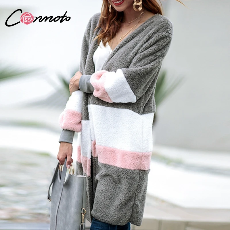 remarkable  Conmoto Faux Fur Flannel Winter Thin Coat Women Long Sleeve Cardigan Striped Colorblock Coats and J