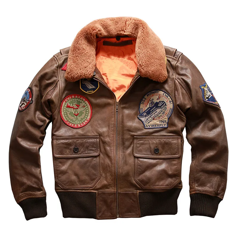 Aliexpress.com : Buy 2018 Men Brown Genuine Leather Pilot Jacket Wool ...