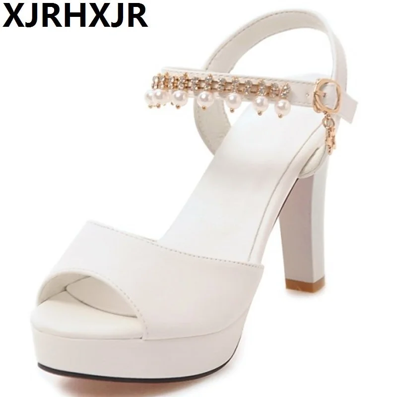 

XJRHXJRSexy Wedding Party Women Shoes High Heel Ankle Strap Rhinestone Crystal Sandals Zapatos Mujer Pink White Black Size 32-43