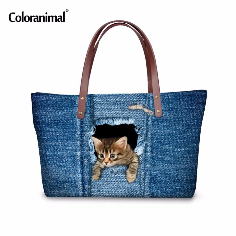 Best Coloranimal Famous Design Women Travel Shopping Handbags Denim Cat Dog Pattern Ladies Tote Shoulder Bag Luxury Large Purse Bags