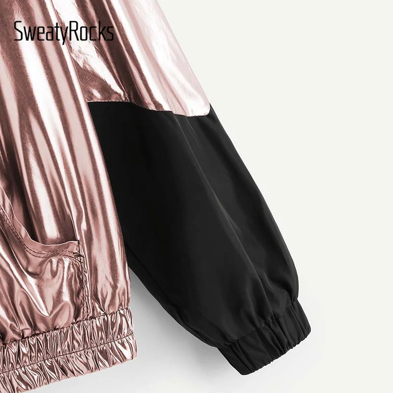 SweatyRocks جيب الجبهة معدنية هوديي سترة Colorblock النساء مقنعين قمم الربيع الخريف سستة نشط ارتداء معاطف وسترات