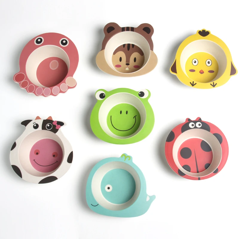 Natural Bamboo Fiber Baby Bowls Cartoon Children Feeding Plate Infant
