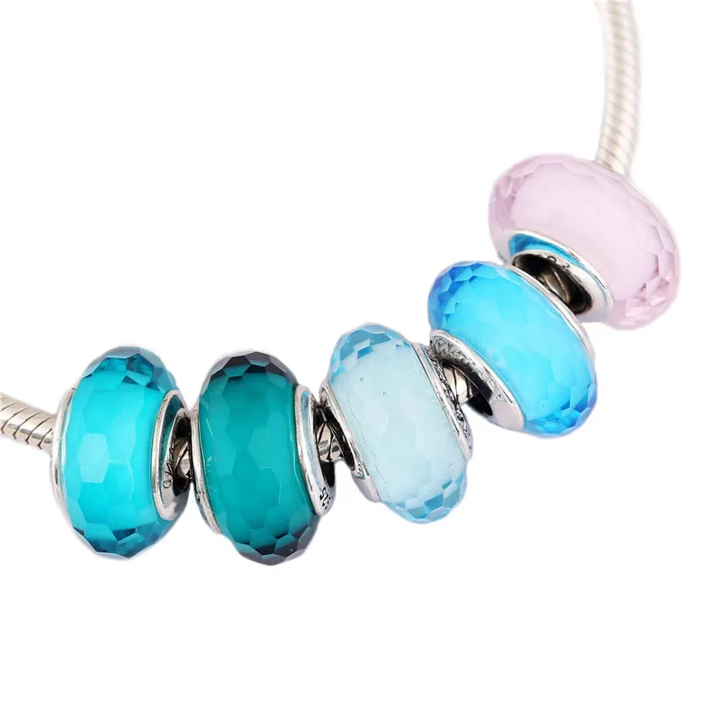 Модные бусины из стерлингового серебра 925 воды синее Муранское Стекло Шарм Fit оригинальный Pandora браслет для женщин DIY ювелирные изделия