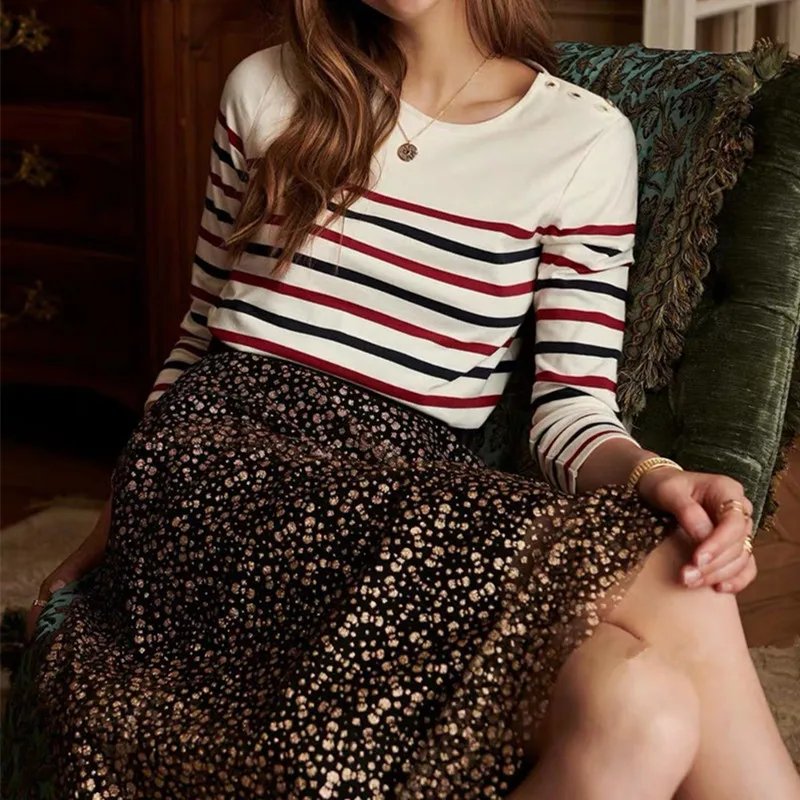 

2019 New Women Striped Long Sleeve Shirt Shoulder Buttons Cotton Top