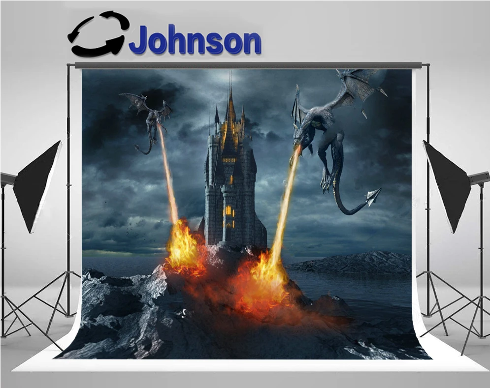 

wall photo backdrop High quality Computer print Medieval Enchanted Castle Flame Monster River Mountain background