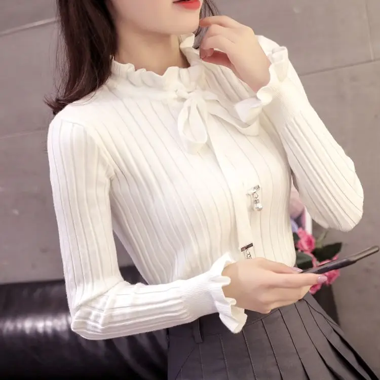 Casual Spring Slim Sweater Winter Knitted Sweater New Lace Up Flare Long Sleeve Ruffle Knitting Pullover Women Sweaters