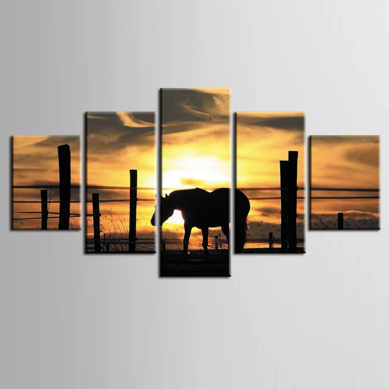 

Framed 5 Panel Sunset horse Wall Art Oil Painting On Canvas Printed Painting Pictures Decor painting large living room /ZT-3-72