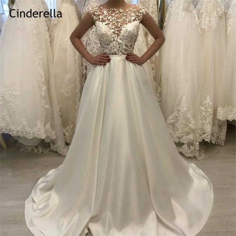 

Cinderella See Through Cap Sleeves A-Line Sweep Train Lace Applique Satin Wedding Dresses With Covered Button vestido de noiva