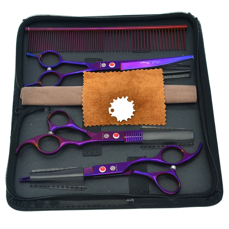 

Purple Dragon 7.0" Professional Pet Cutting Scissors 6.5" Thinning Shears Dog Curved Grooming Tesoura Set with Comb Bag LZS0353