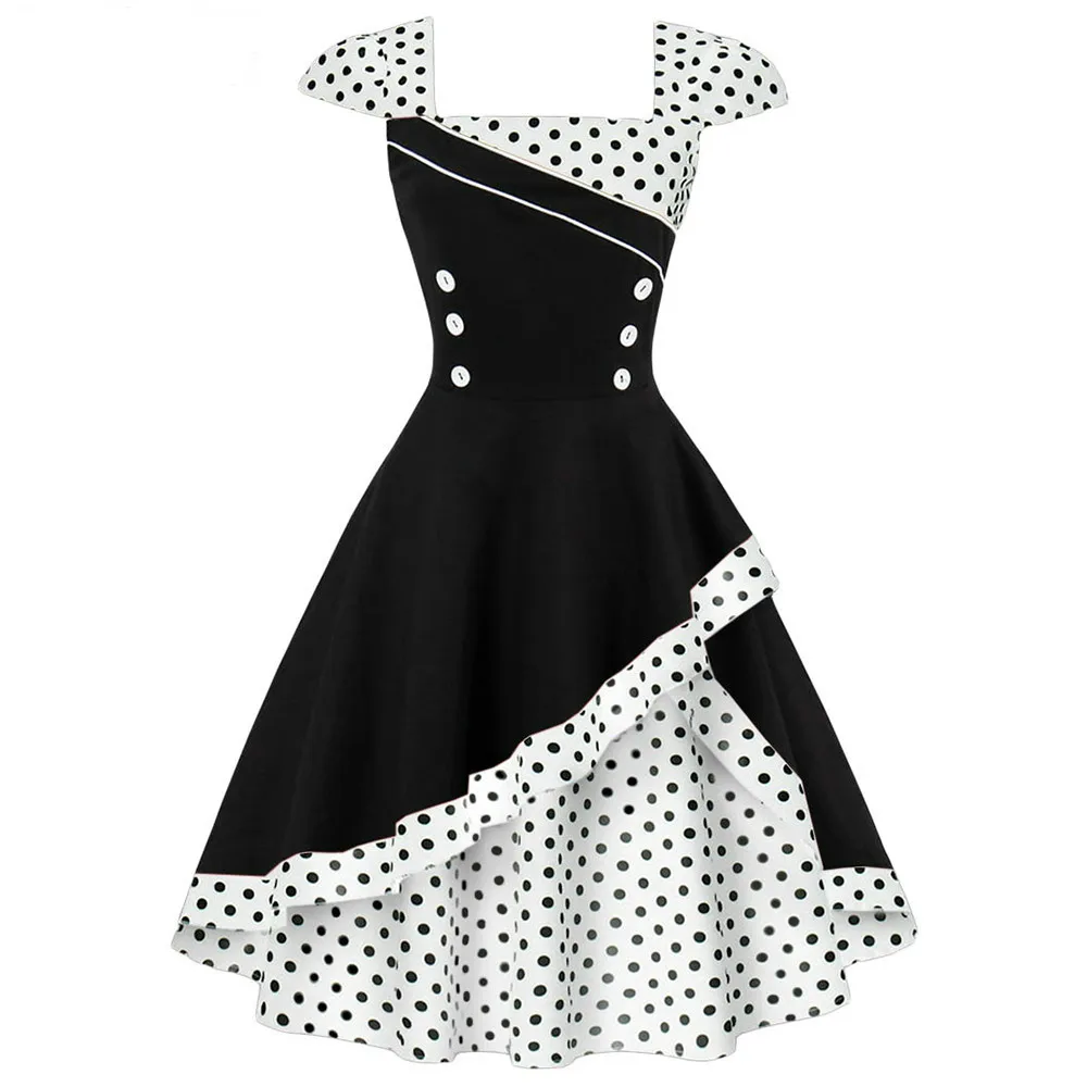 

Polka Dot Button Square Collar Ruffled Irregular Length Stitching Large Size Slim Dress Plus Size Vintage Vestido Midi 50j474