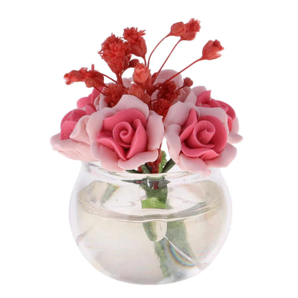 1/12 Dollhouse Miniature Layout Mini Red Plant Rose Flower with Plastic Vase Arrangement Doll House Decor Ornament Accessories