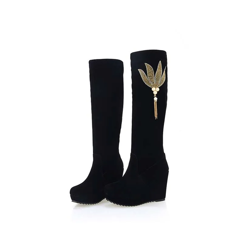 

New Fashion Winter Boots Hot Sale High Quality Women Boots Flock Knee High Round Toe Boot New Style Wedges Women Boots