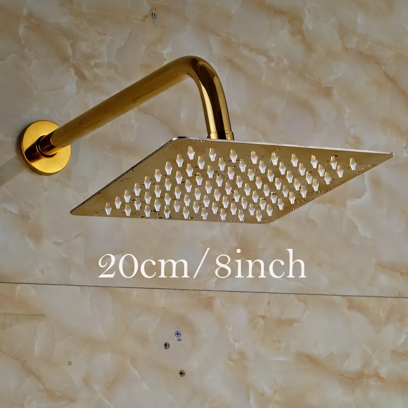 Ultrathin Stainless Steel Golden Colored Rainfall Type Shower Head with Wall Mount Shower Arm