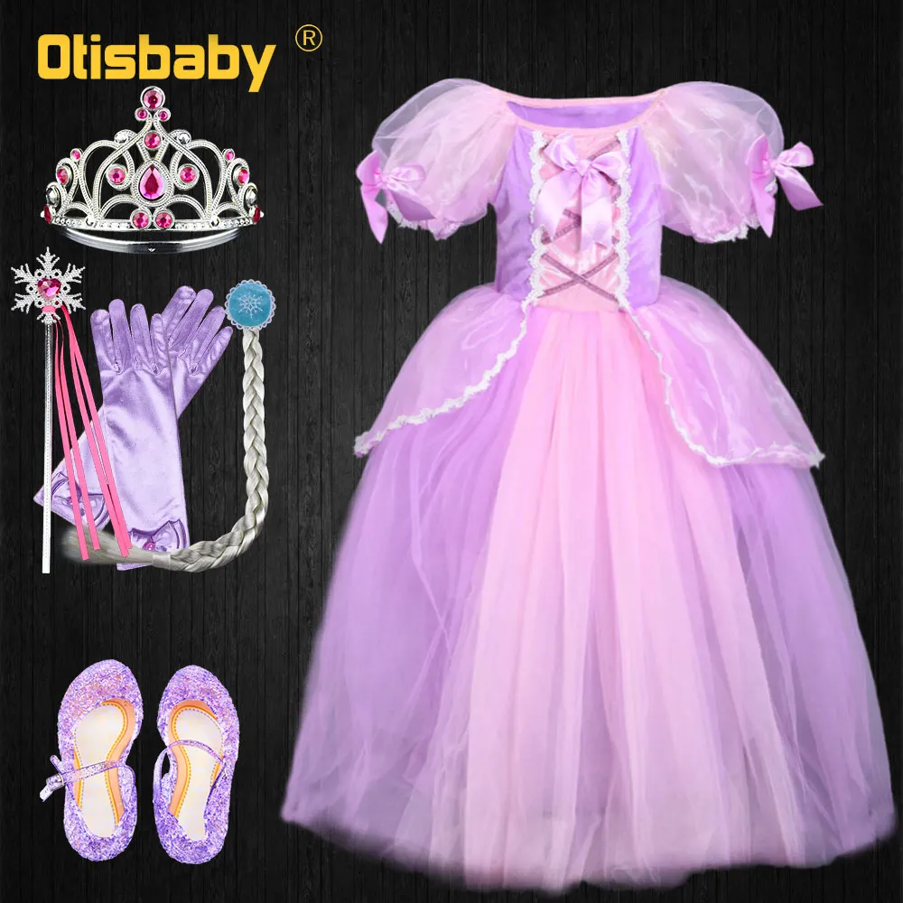 Новогоднее платье принцессы Рапунцель для девочек костюмы для Хэллоуина Пышное Бальное Платье с пышными рукавами длинные вечерние платья