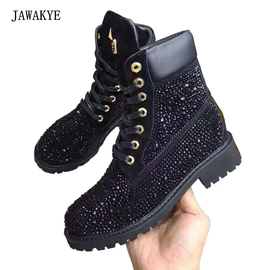 JAWAKYE черные стразы плоские ботильоны женские гладиаторы на толстом каблуке