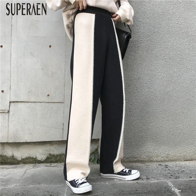 

SuperAen Knitted Wide-leg Pants Women Wild Fashion Casual 2018 Autumn and Winter Long Pants New High Waist Europe Pants Women