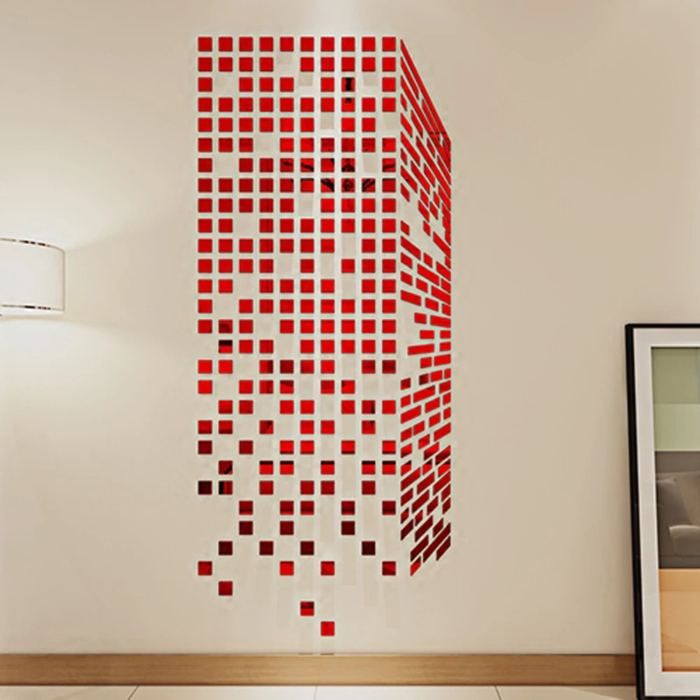 DIY Мозаика маленькие квадраты 3D акриловая Зеркальная Наклейка на стену гостиная диван ТВ фон украшение на стену самоклеящийся домашний декор - Цвет: Красный