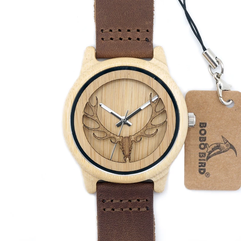 Deer Head Design Hollow Out Bamboo Wood Quartz Watch With Leather Strap Men Casual Watches