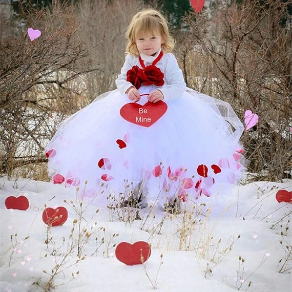 Children clothing Rose petal Girl Wedding dress Super Cute Solid white Tutu Princess dress with Flower