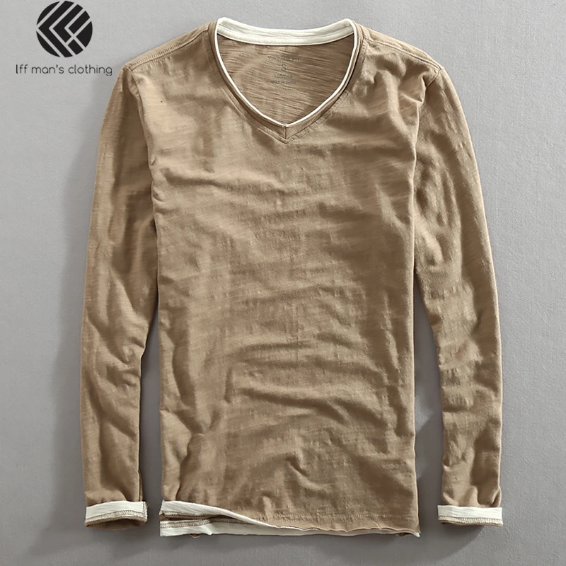 Goede Mannen Lente Herfst Fashion Brand China Stijl Bamboe Katoen Nep Twee Stukken V hals Lange Mouw T shirt Mannelijke Toevallige Dunne Tee tshirt