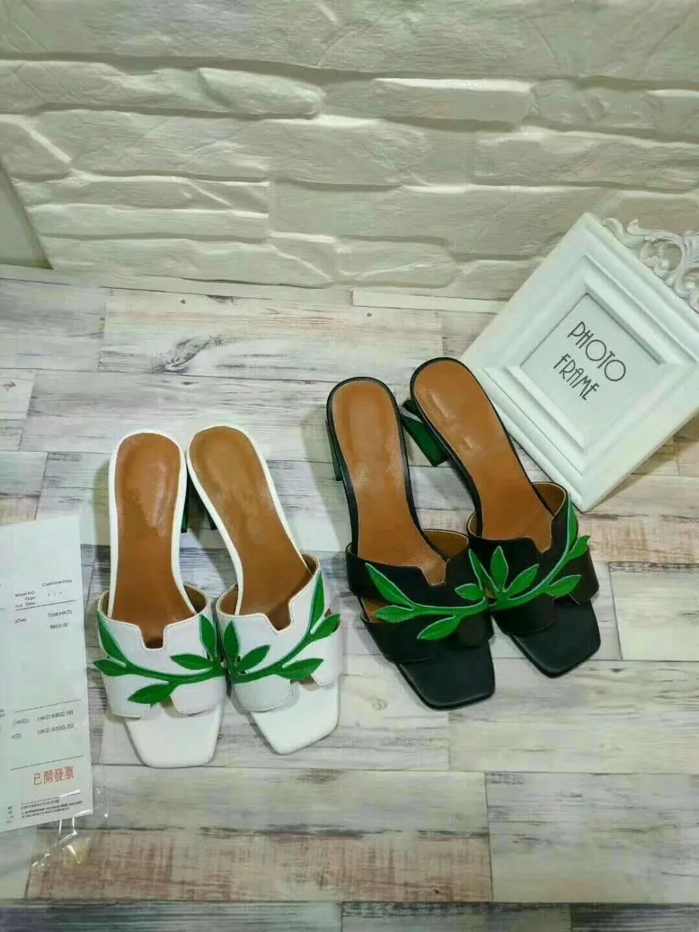 

Genuine Leather Mixed Color Green Leaf Upper Lady Sandals Shoes Summer Square Toe Double Color Chunky Heel Slippers Women Shoes