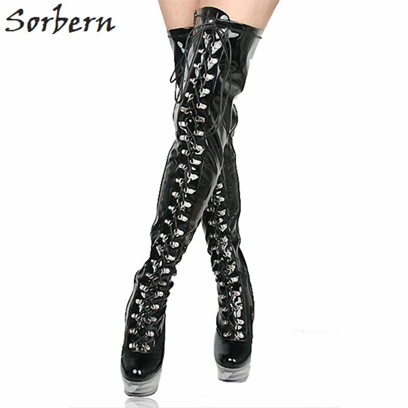 Sorbern Sexy Black Shiny Boots Women Thigh High Over The Knee Boots Female High Heels Lace-Up Custom Leg Size Long Boots 2018 Sorbern Sexy Black Shiny Boots Women Thigh High Over The Knee Boots Female High Heels Lace-Up Custom Leg Size Long Boots 2018