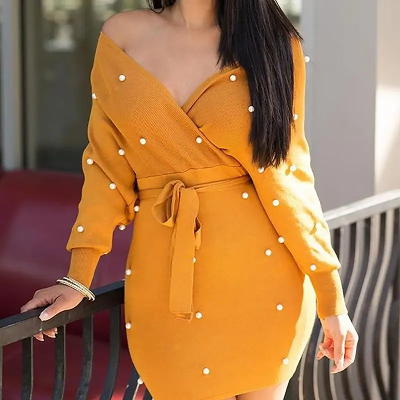 

Off Shoulder Beading Embellished Mini Dress Solid Color Deep Long Sleeve Patchwork Belt Bodycon Dress