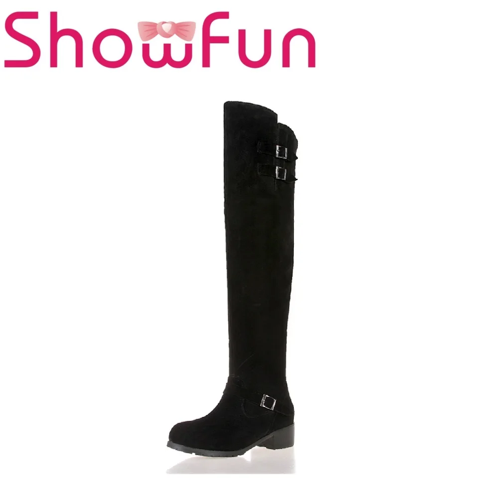 

Showfun genuine leather shoes woman winter solid knee-high round toe zipper short plush square heel boots