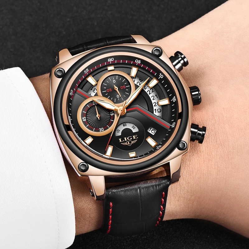 Мужские кварцевые часы Montre Homme LIGE роскошные деловые с хронографом и кожаным