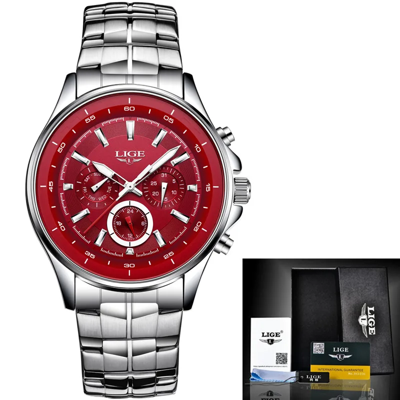 Топ люксовый бренд LIGE мужские спортивные часы Бизнес водонепроницаемые мужские часы, наручные часы модные повседневные кварцевые наручные часы Relogio Masculino - Цвет: Silver Red