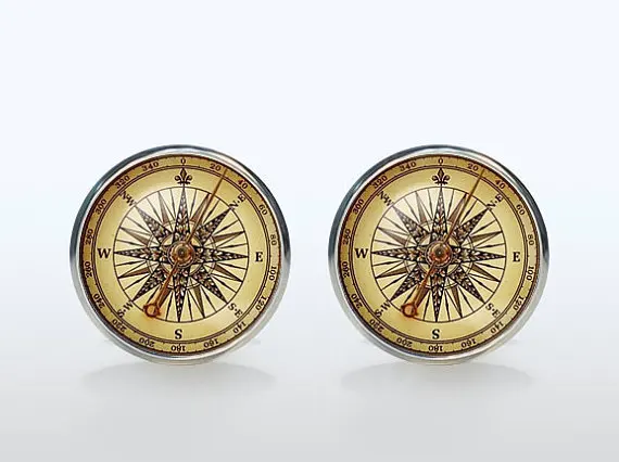 

High Quality Vintage Compass French Shirt Cufflinks Silver Brand Glass Cuff Mens Groom Accessories Sleeve Button Man Woman