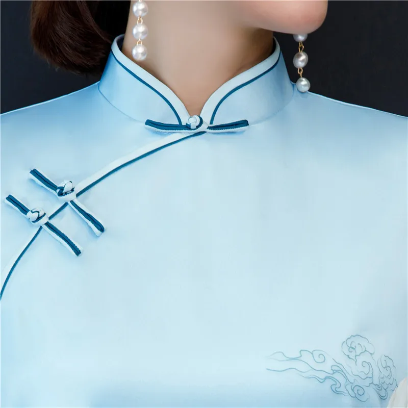 Весна Лето Мода Чонсам с цветами Длинные платья Синий элегантный тонкий Qi Pao женское китайское традиционное платье Плюс Размер Qipao