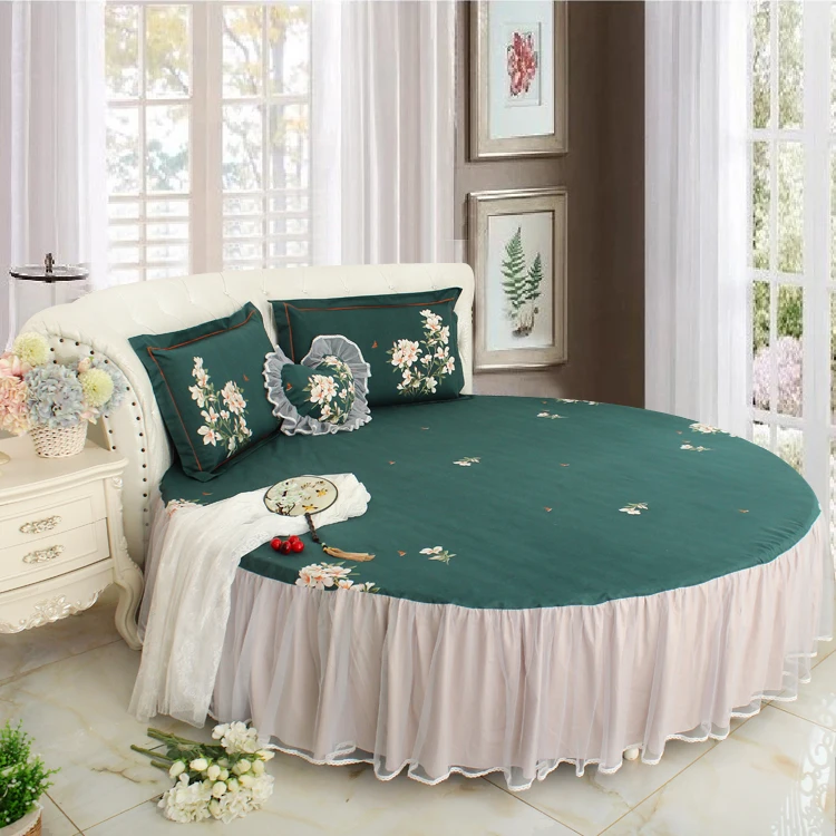 Top LACE ROUND Corner Bed Europe Orange color Flower Bedding sets Cotton Round Double Bed sheet Duvet cover Pillow case Bedskirt 16