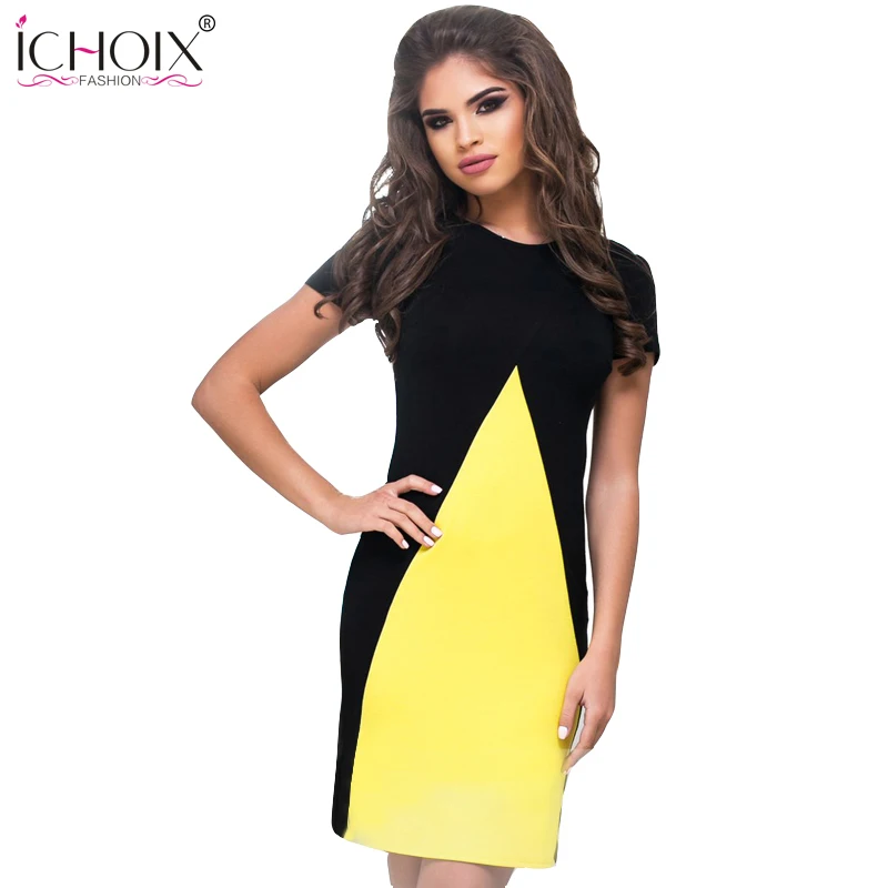 

Elegant patchwork Women Casual Dress 2019 Summer boaycon Lady's dating short clothing femme O-neck vintage dress Yellow Red