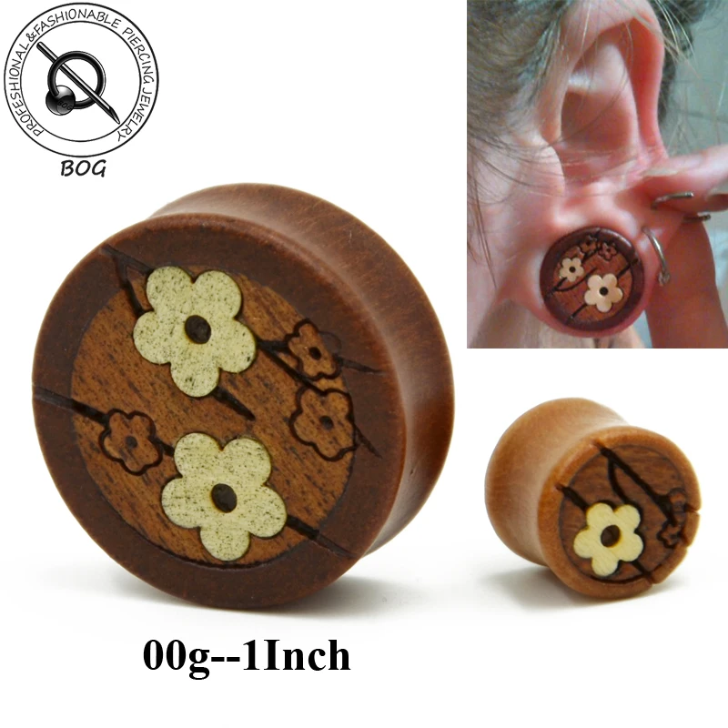 BOG1 Pair Organic Wood Ear Tunnels Plugs Handmade Carved Painted