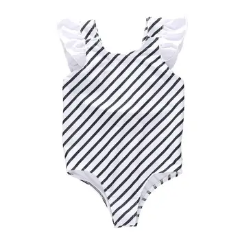 

Baby Girls Swimwear One-Piece Swimsuit Black White Striped Petal Sleeve Backless Summer Bathing Suit