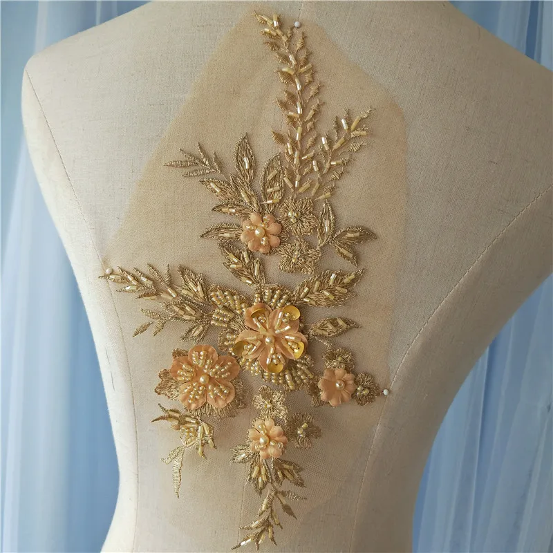 Многоцветный 3D Алмазная вышивка кружева с бусинами Аппликации патч платье Детские костюмы DIY декоративная вышивка RS835 - Цвет: Gold