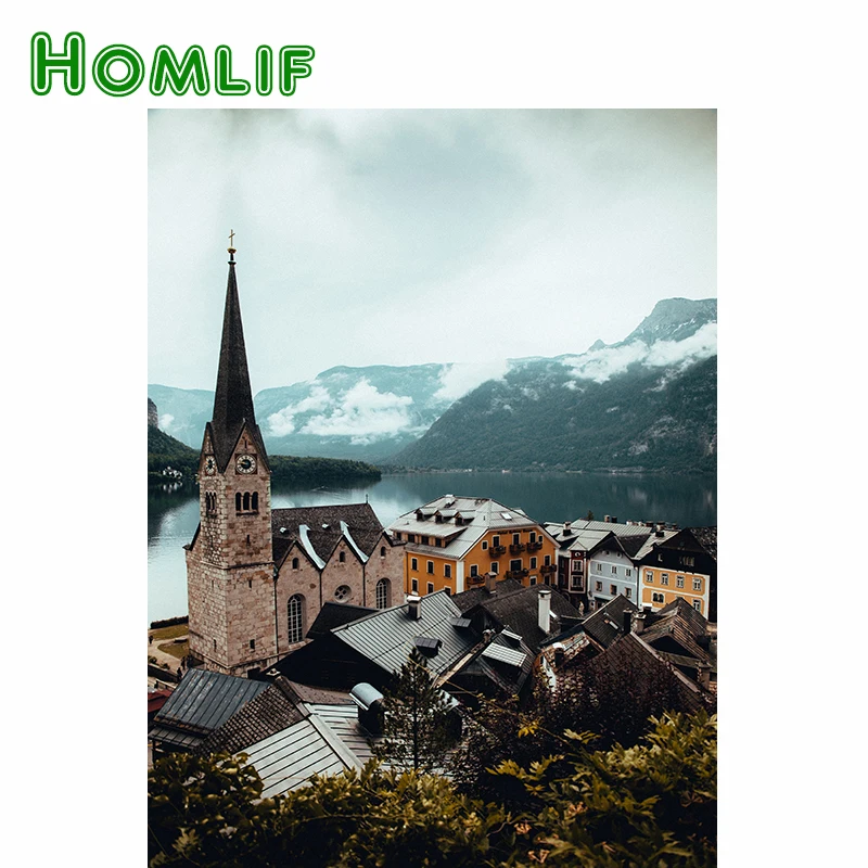 HOMLIF 5d diy алмазная живопись маленький город живописный полный квадратный сверло