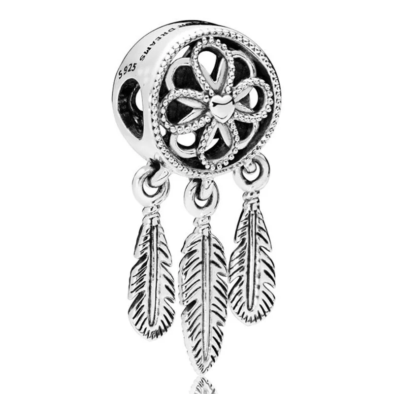 

New 925 Sterling Silver Bead Charm Openwork Flower Feather Spiritual Dream Catcher Pendant Bead Fit Pandora Bracelet Diy Jewelry