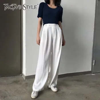 

TWOTWINSTYLE White Casual Long Trousers For Women High Waist Loose Wide Leg Pants Female Fashion Clothes 2020 Summer New