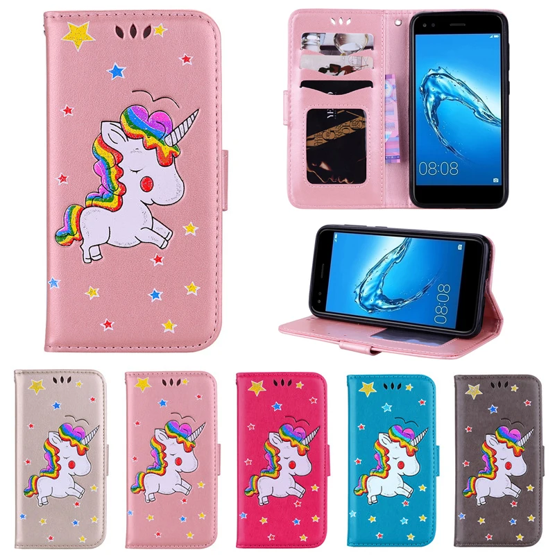 

Cute Unicorn Cartoon PU Leather Flip Case For Huawei Y6 Pro 2017 Case Wallet Stand Card Slots Cover For Huawei P9 Lite Mini Case