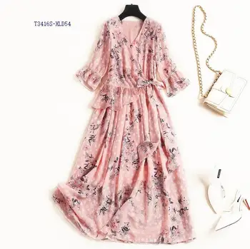 

Spring floral chiffon 2019 new temperament commuter high waist tie Europe and the United States long T3416